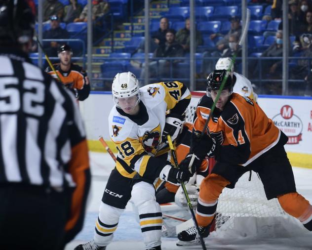 Lehigh Valley Phantoms defenseman Egor Zamula (right) vs. the Wilkes-Barre/Scranton Penguins