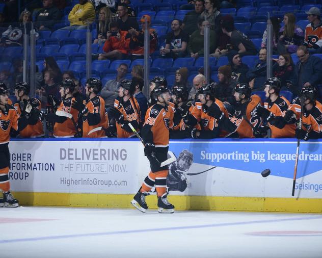 Lehigh Valley Phantoms center Gerry Mayhew along the Lehigh Valley bench