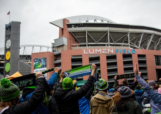 Seattle Sounders FC fans outside Lumen Field