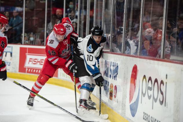 Rapid City Rush forward Colton Leiter (left) fights for the puck vs. the Idaho Steelheads