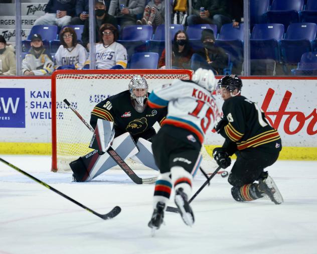 Kelowna Rockets right wing Rilen Kovacevic takes a shot against the Vancouver Giants