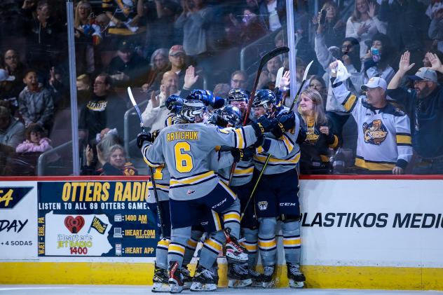 Erie Otters celebrate a goal