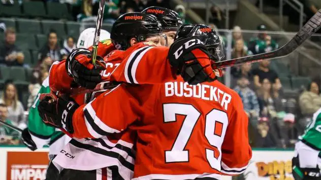 Rockford IceHogs celebrate a goal against the Texas Stars