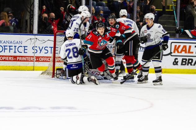 Kelowna Rockets right wing Pavel Novak races from the crowd after scoring against the Victoria Royals
