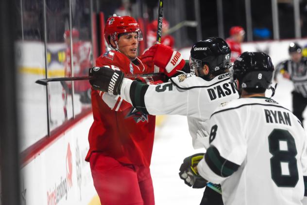 Allen Americans forward Spencer Asuchak battles the Utah Grizzlies