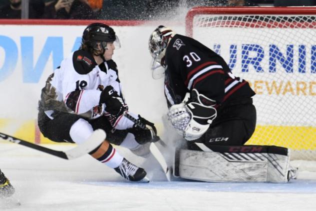 Red Deer Rebels goaltender Chase Coward vs. the Calgary Hitmen