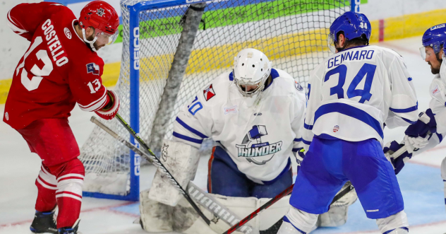 Wichita Thunder goaltender Evan Buitenhuis vs. Chad Costello of the Allen Americans