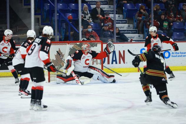 Prince George Cougars goaltender Tyler Brennan reaches for a shot against the Vancouver Giants