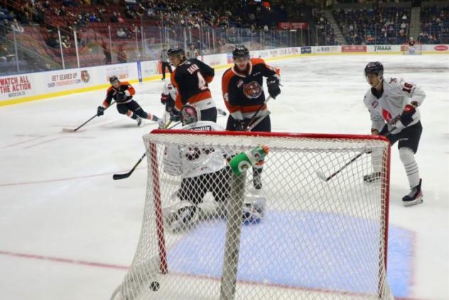 Medicine Hat Tigers score against the Moose Jaw Warriors