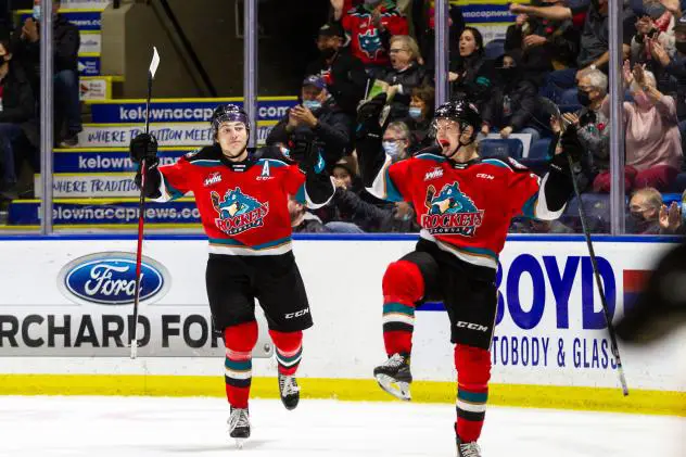 Kelowna Rockets celebrate a goal against the Prince George Cougars