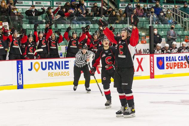 Prince George Cougars defenceman Bauer Dumanski celebrates against the Vancouver Giants