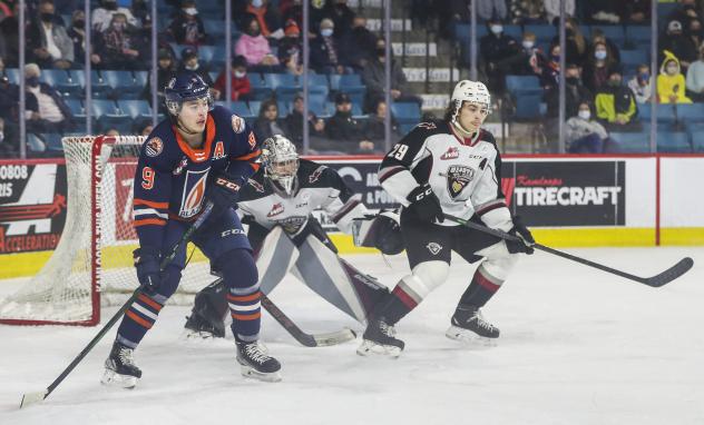 Vancouver Giants goaltender Jesper Vikman and defenceman Tanner Brown vs. the Kamloops Blazers