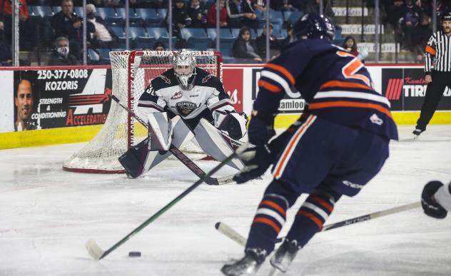 Vancouver Giants goaltender Jesper Vikman faces the Kamloops Blazers