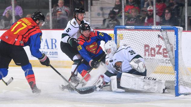 Adirondack Thunder forwards Alexandre Carrier (left) and Ryan Smith vs. the Utah Grizzlies