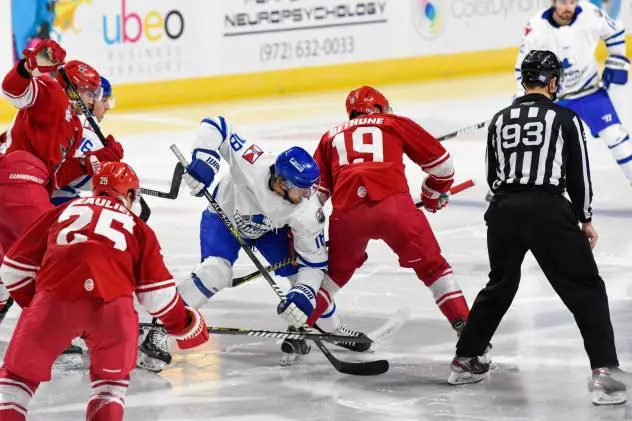 Allen Americans left wing Jared Bethune (right) in the face off circle against hte Wichita Thunder