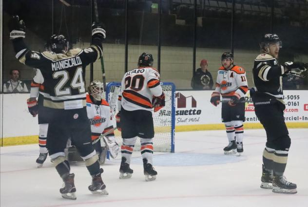 Josh Maniscalco of the Wheeling Nailers reacts after his goal against the Fort Wayne Komets