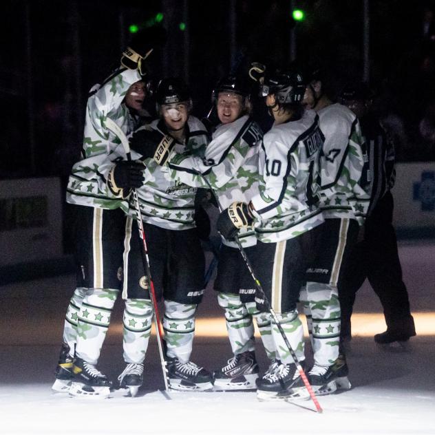 Muskegon Lumberjacks celebrate a goal