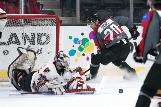 Arshdeep Bains of the Red Deer Rebels (right) vs. the Calgary Hitmen