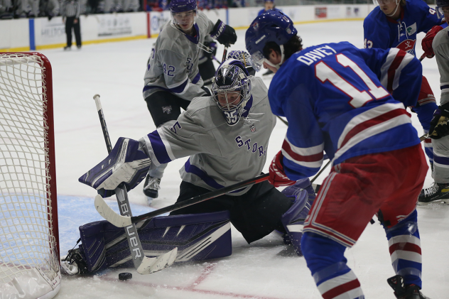 Tri-City Storm goaltender Arsenii Sergeev stops a shot from the Des Moines Buccaneers