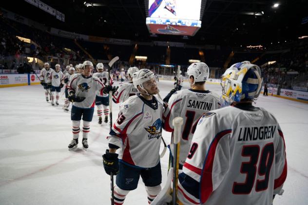 Springfield Thunderbirds exchange congratulations after a win