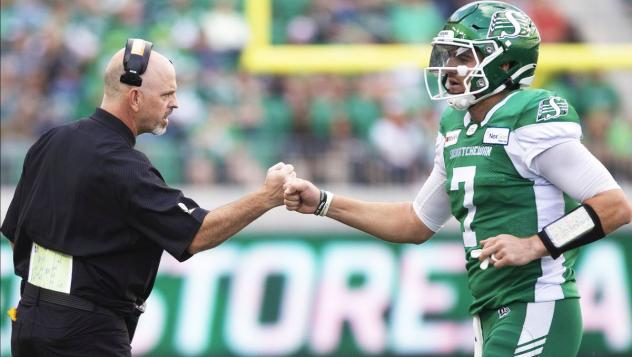 Saskatchewan Roughriders quarterback Cody Fajardo heds to the sideline