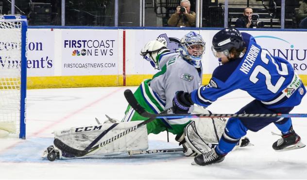 Jacksonville Icemen forward Ara Nazarian shoots around the Florida Everblades goaltender