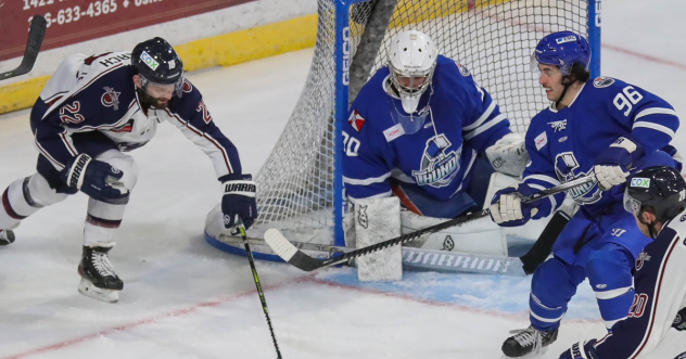 Wichita Thunder goaltender Evan Buitenhuis and his defense vs. the Tulsa Oilers