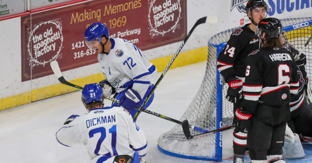 Peter Crinella of the Wichita Thunder reacts after a goal as teammate Jay Dickman approaches