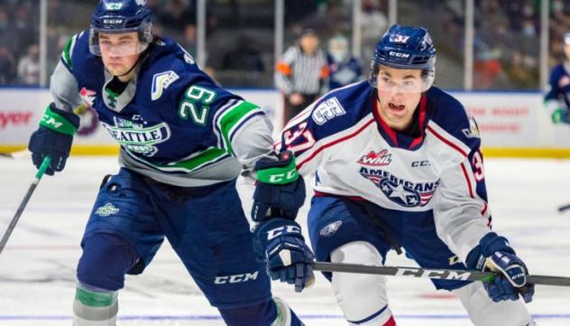 Tri-City Americans defenceman Alex Serraglio (right) vs. the Seattle Thunderbirds