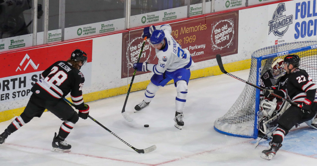 Wichita Thunder forward Matteo Gennaro (center) vs. the Rapid City Rush
