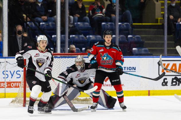 Kelowna Rockets left wing Gabriel Szturc in front of the Vancouver Giants goal