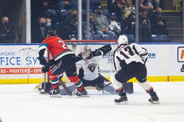 Vancouver Giants goaltender Jesper Vikman and defenceman Damian Palmieri vs. the Kelowna Rockets