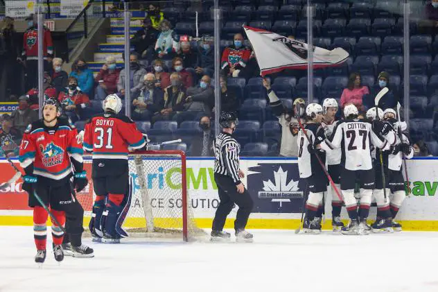 Vancouver Giants celebrate a goal vs. the Kelowna Rockets