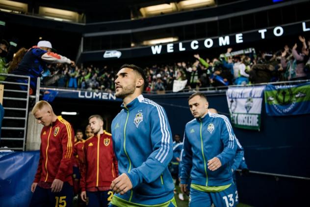 Seattle Sounders FC midfielder Cristian Roldan and forward Jordan Morris