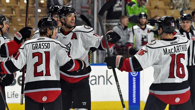 Adirondack Thunder react after a goal against the Worcester Railers