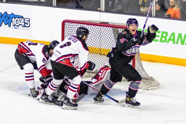 Razmuz Waxin-Engback reacts after a goal against the Birmingham Bulls