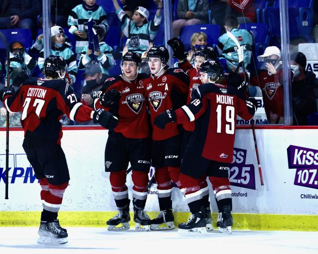 Vancouver Giants celebrate a goal vs. the Kamloops Blazers