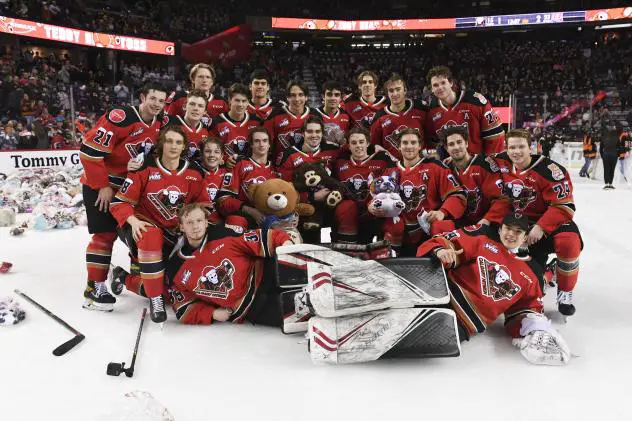 Calgary Hitmen on-ice team photo at the 2021 ENMAX Teddy Bear Toss