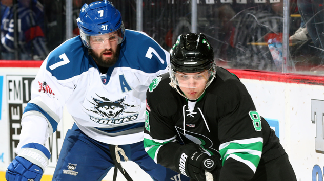 Binghamton Black Bears forward Nikita Ivashkin (right) vs. the Watertown Wolves