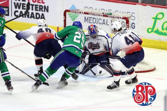 Swift Current Broncos centre Cole Nagy takes a shot against the Regina Pats