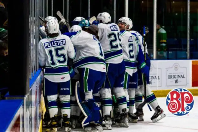 Swift Current Broncos react after the overtime winner against the Prince Albert Raiders