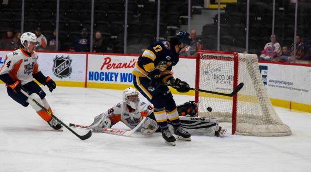 Erie Otters right wing Daniel D'Amato scores against the Flint Firebirds