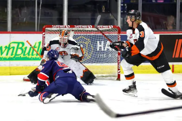 Medicine Hat Tigers goaltender Garin Bjorklund and defenceman Rhett Parsons vs. the Regina Pats
