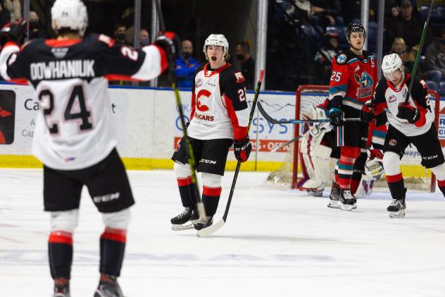 Prince George Cougars centre Craig Armstrong reacts after a goal against the Kelowna Rockets