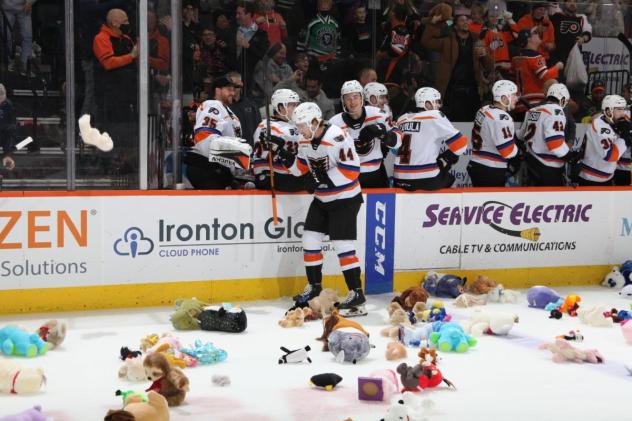 Lehigh Valley Phantoms celebrate the Teddy Bear Toss goal