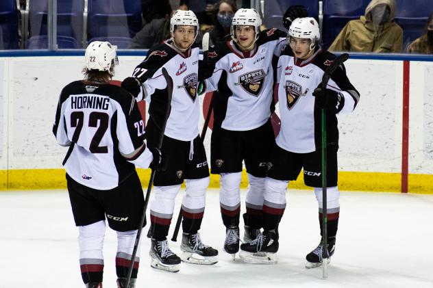 Vancouver Giants gather following a goal aginst the Victoria Royals