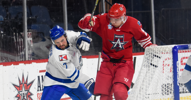 Wichita Thunder defenseman Christian Hausinger (left) vs. the Allen Americans