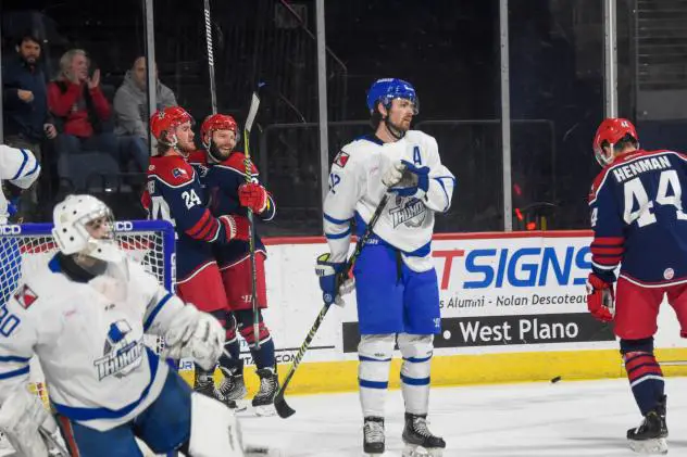 Allen Americans react after a goal against the Wichita Thunder