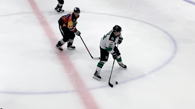 Binghamton Black Bears forward Tyler Gjurich (right) vs. the Delaware Thunder