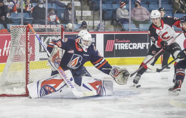 Blake Eastman of the Prince George Cougars scores against the Kamloops Blazers